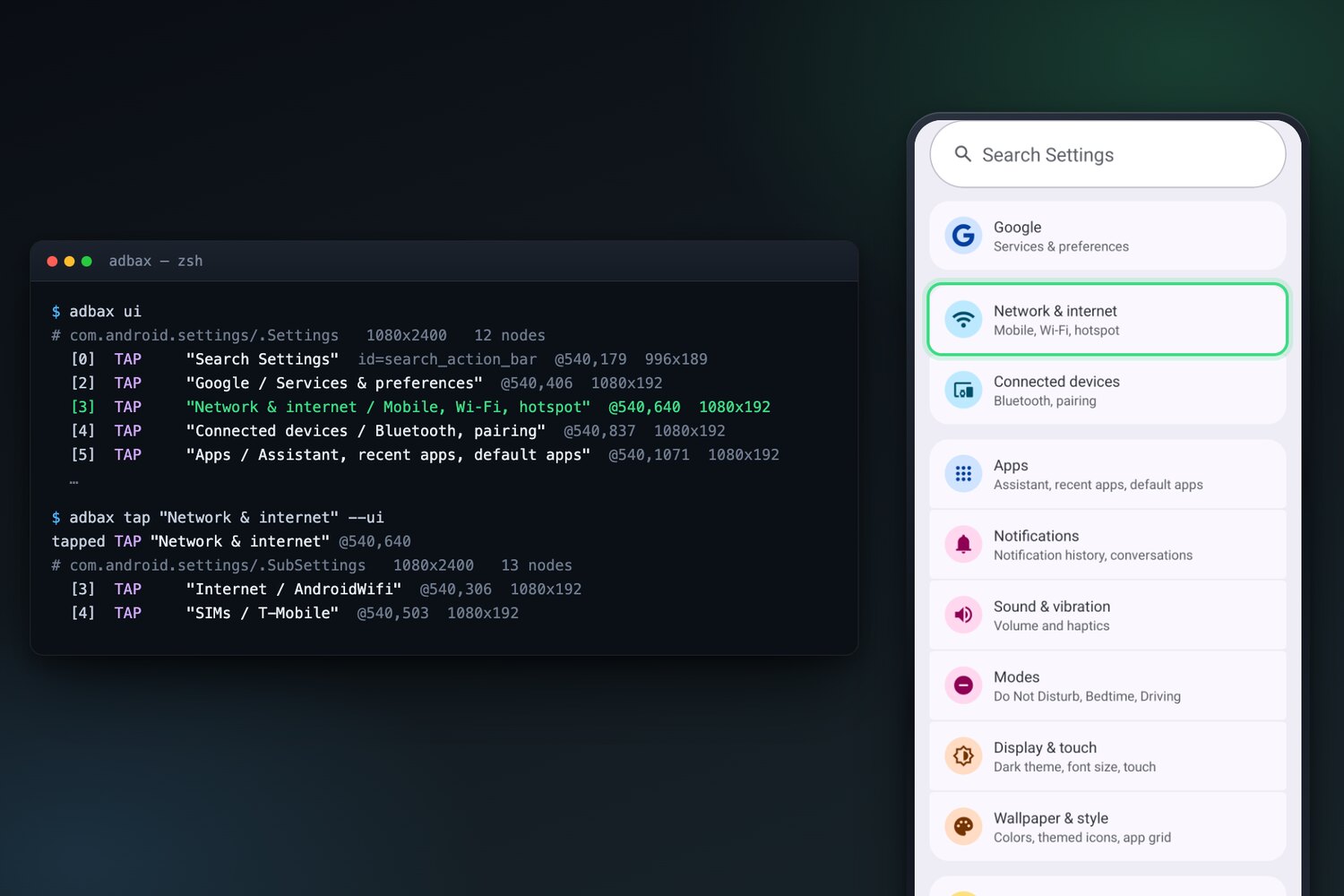 Android's Settings screen twice: on the left as a list of buttons in a terminal, on the right on a phone, with the Network & internet row marked in both